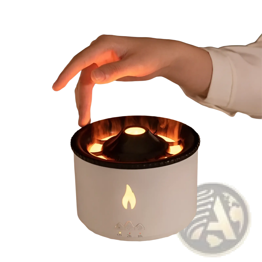 White cylindrical volcano flame diffuser jellyfish air humidifier with black rim and glowing realistic flame design