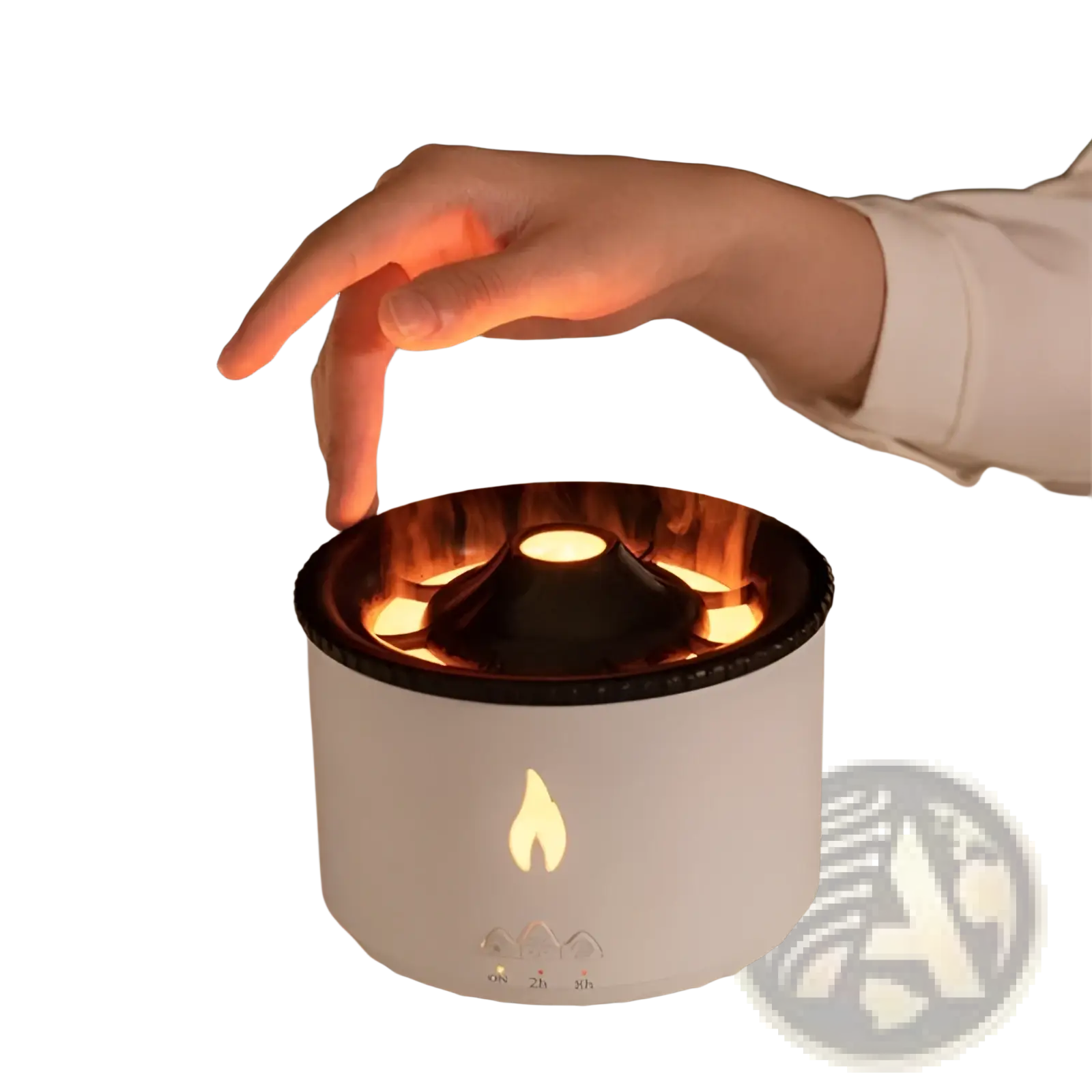White cylindrical volcano flame diffuser jellyfish air humidifier with black rim and glowing realistic flame design