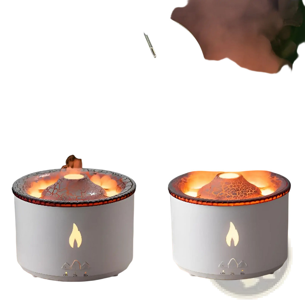 White cylindrical lava lamp humidifier with glowing orange flame effect and crackled volcanic rock top design