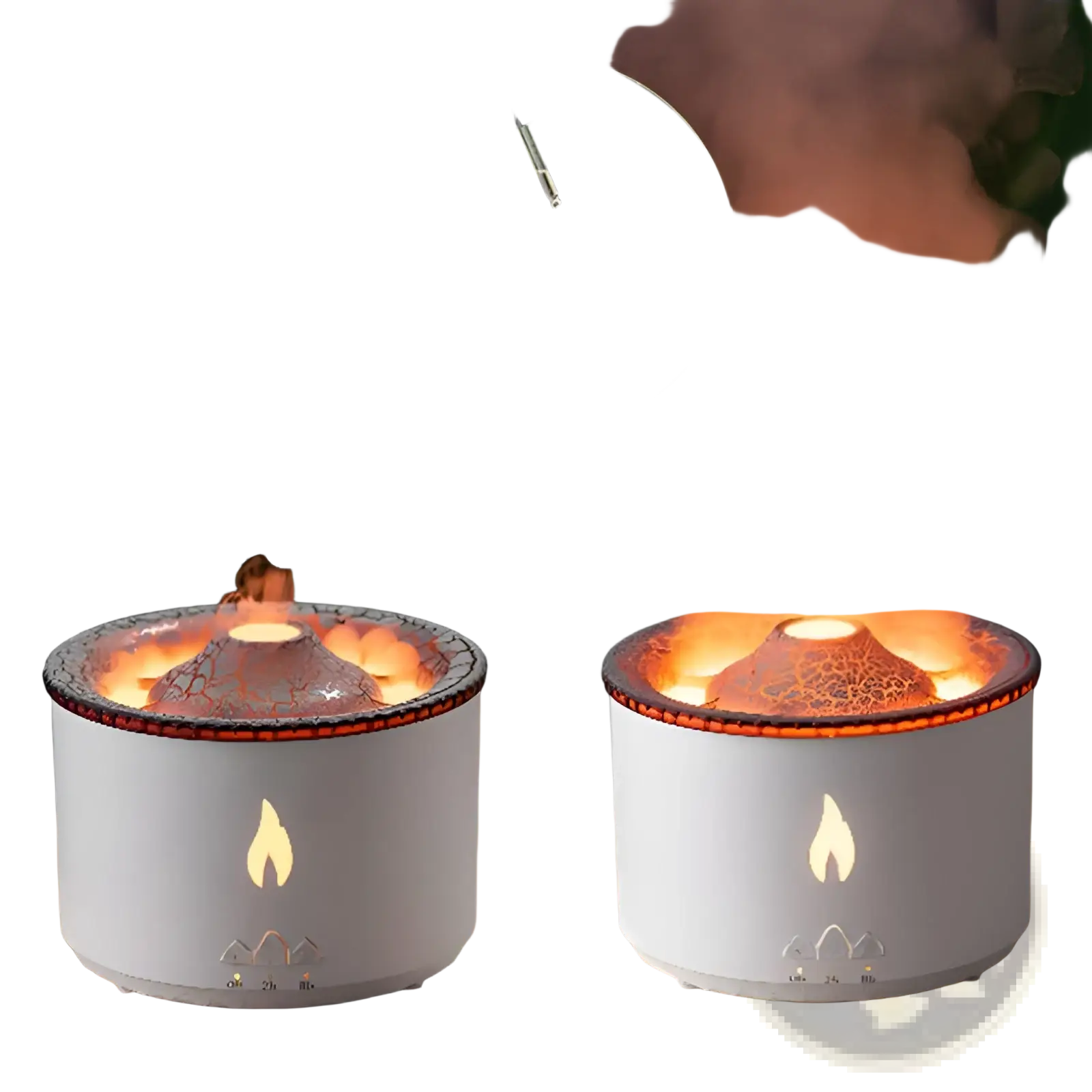White cylindrical lava lamp humidifier with glowing orange flame effect and crackled volcanic rock top design