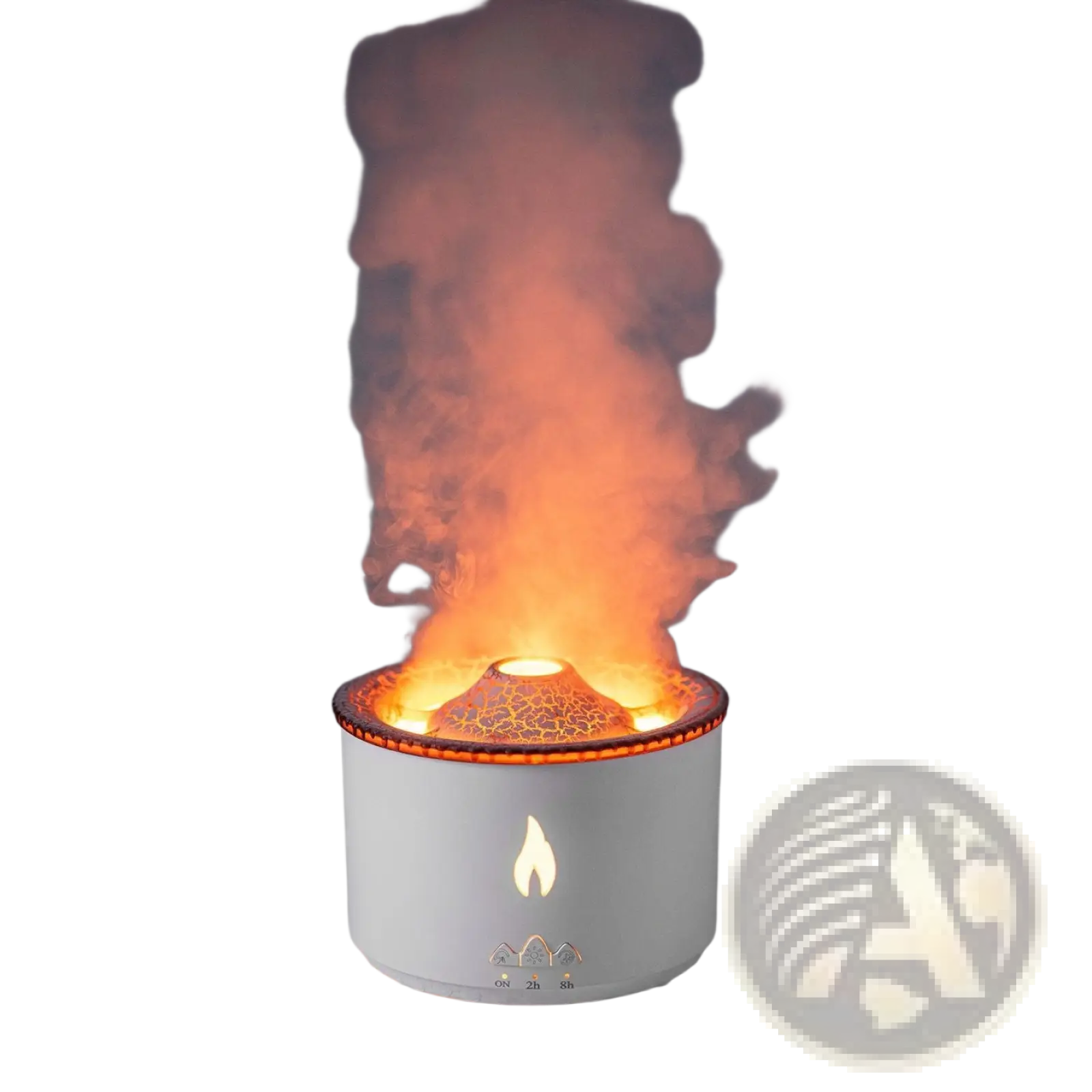 White cylindrical volcano flame diffuser jellyfish air humidifier with glowing orange flame effect and crackled lava top