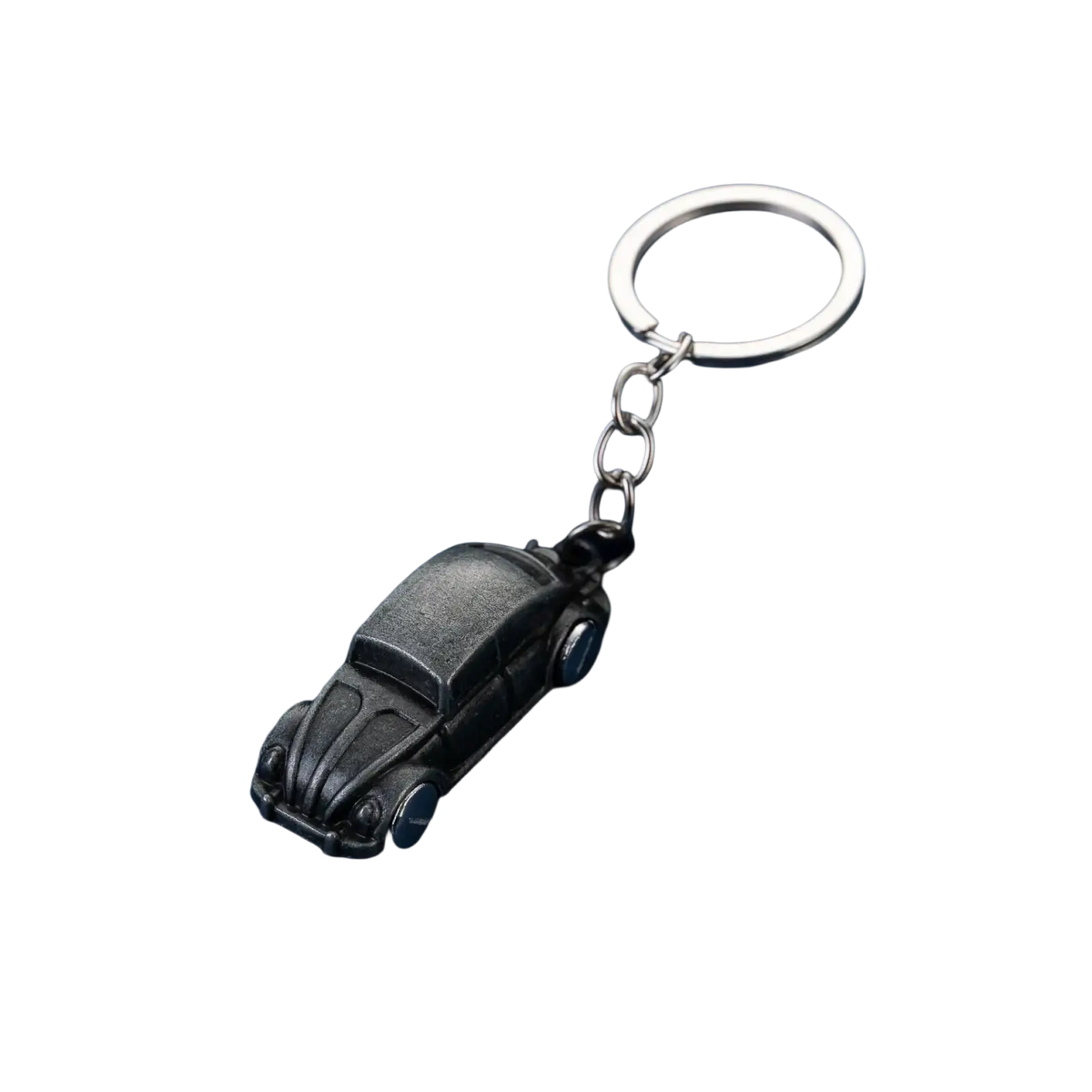 Black metallic Volkswagen Beetle metal car keychain with silver ring and chain for holding keys
