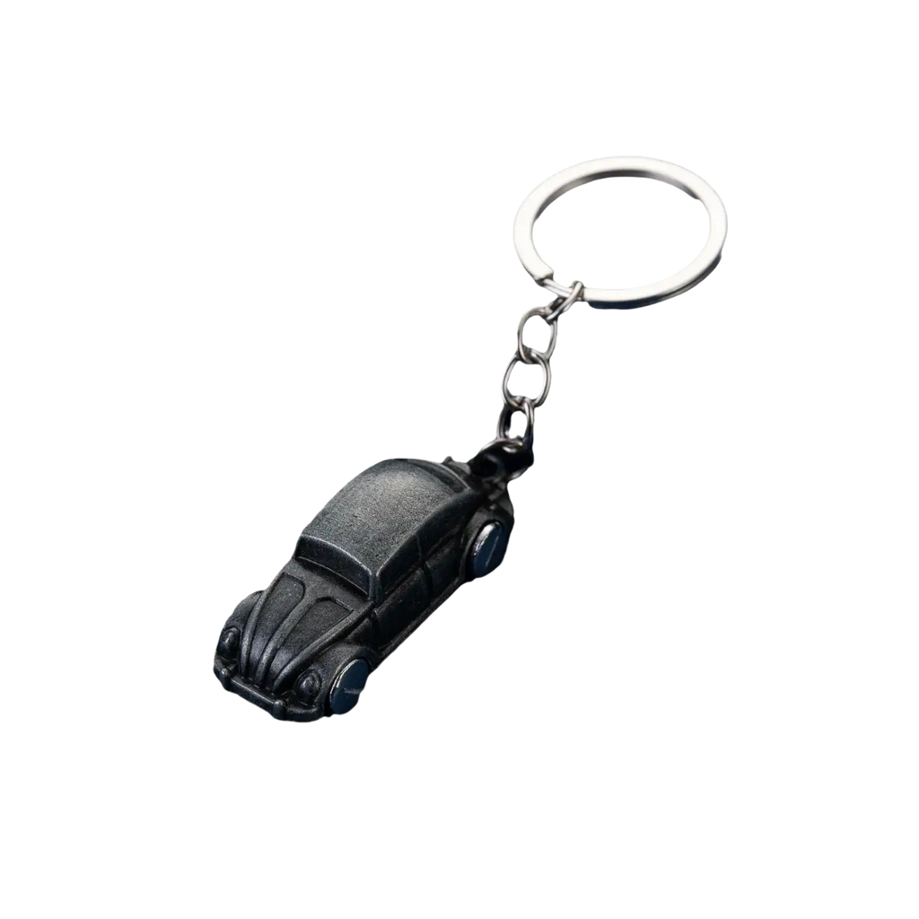 Black Volkswagen Beetle metal car keychain with silver metal ring and chain for vintage style key organization