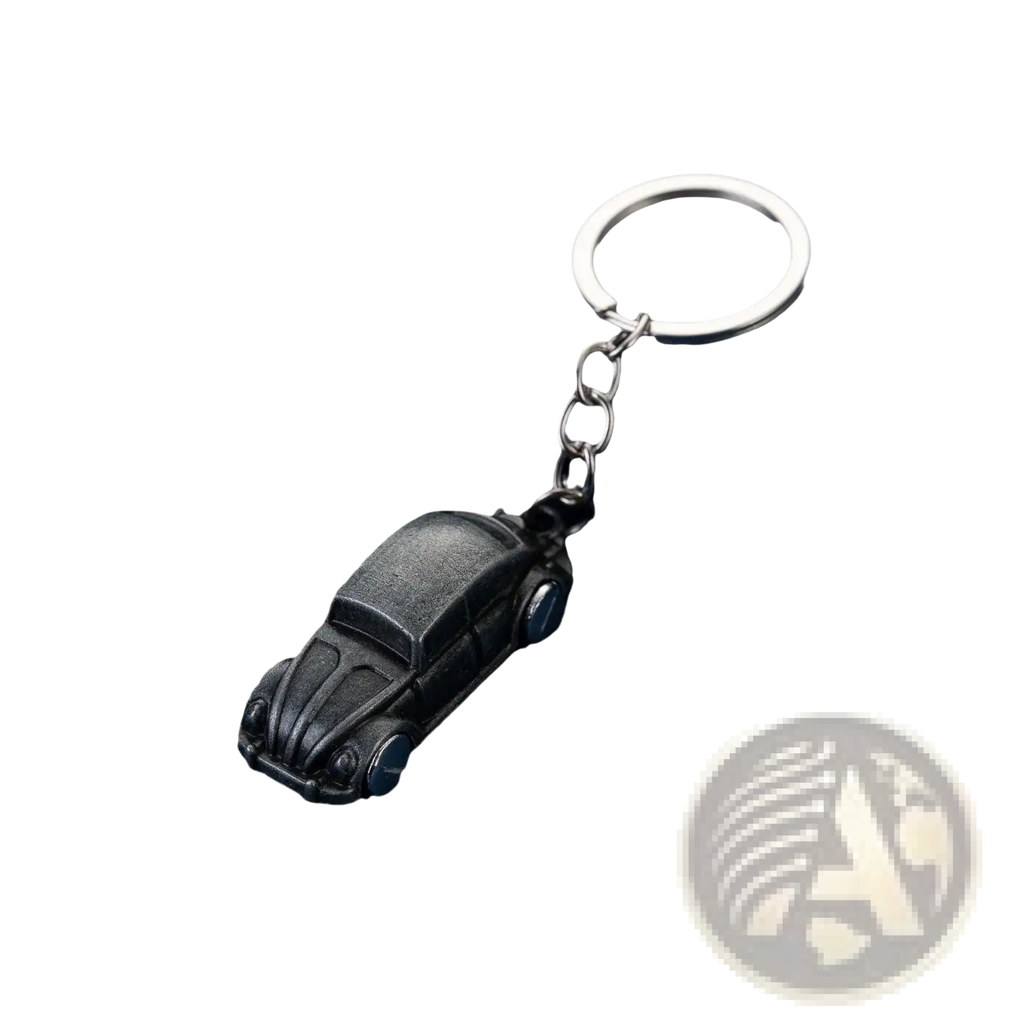 Black Volkswagen Beetle metal car keychain with silver metal ring and chain for vintage style key organization