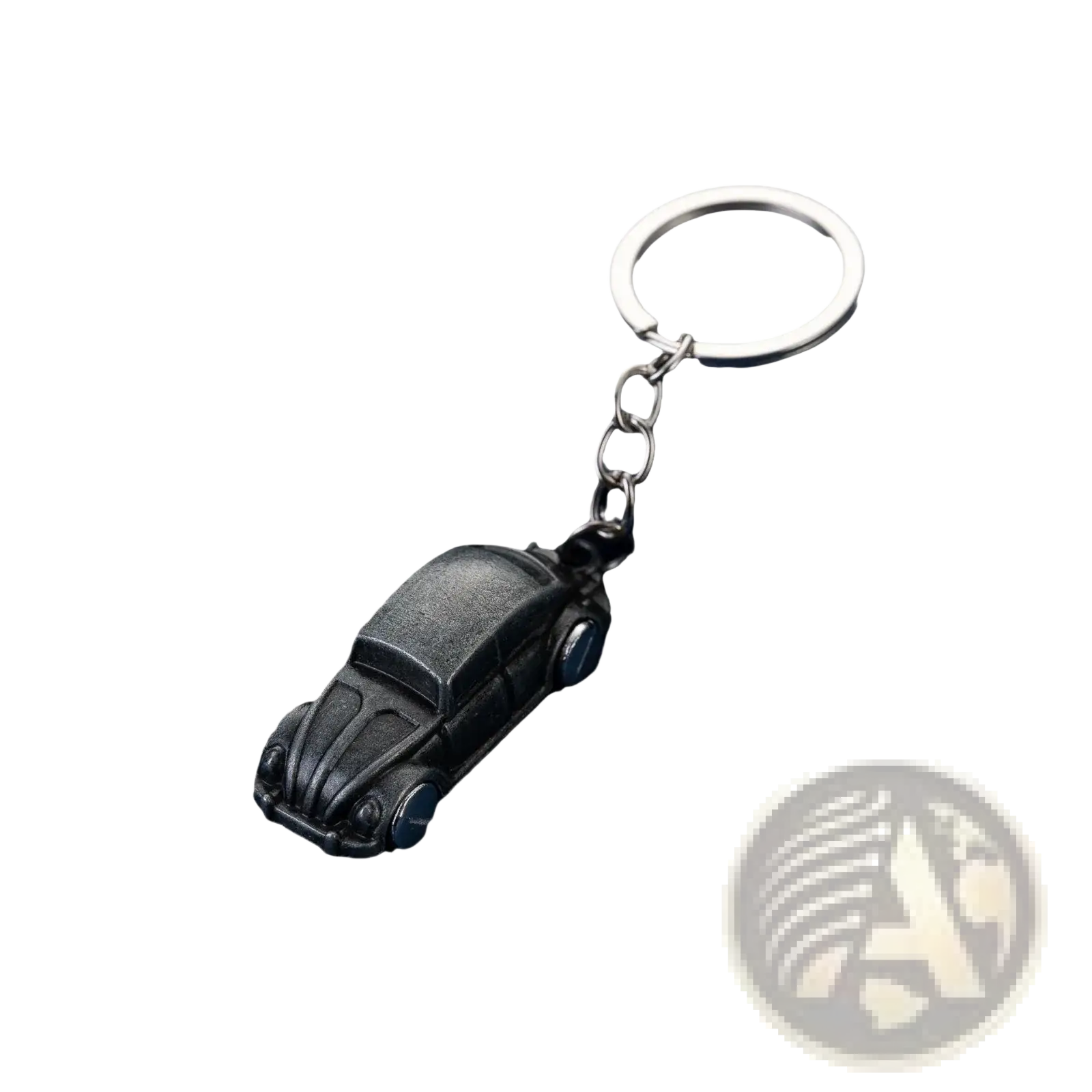 Black Volkswagen Beetle metal car keychain with silver metal ring and chain for vintage style key organization