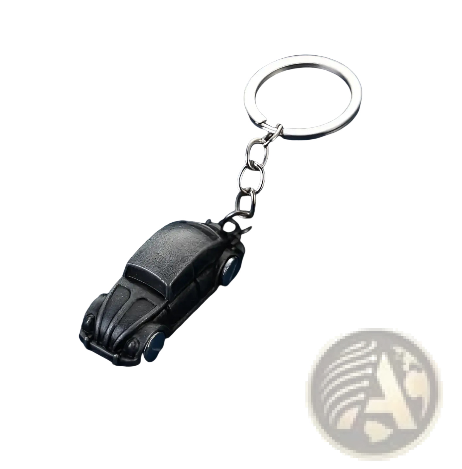 Black vintage-style Volkswagen Beetle metal car keychain with silver metal ring and chain for keys