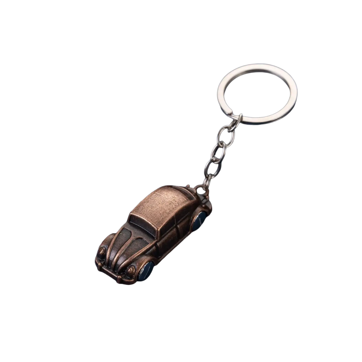 Bronze-colored metal volkswagen beetle keychain with silver ring and chain for car keys and accessories