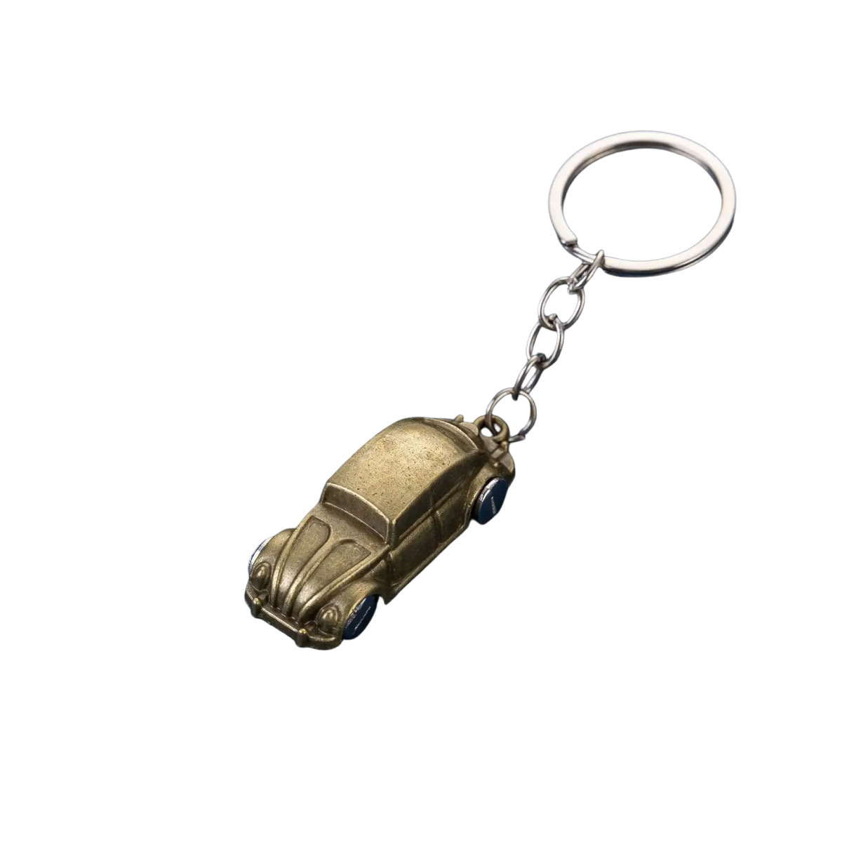 Gold-colored brass volkswagen beetle metal car keychain with silver-toned ring and chain for keys