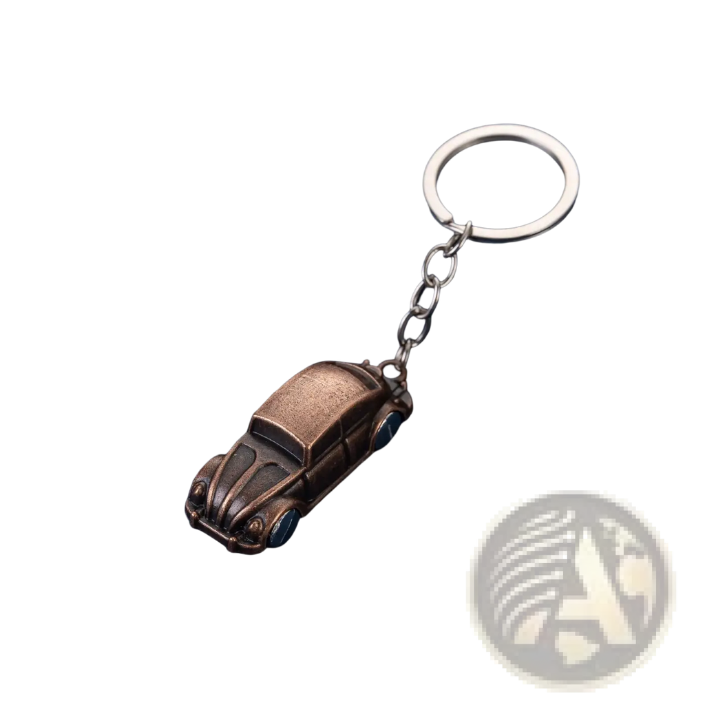 Bronze-colored metal volkswagen beetle keychain with silver ring and chain for car keys and accessories