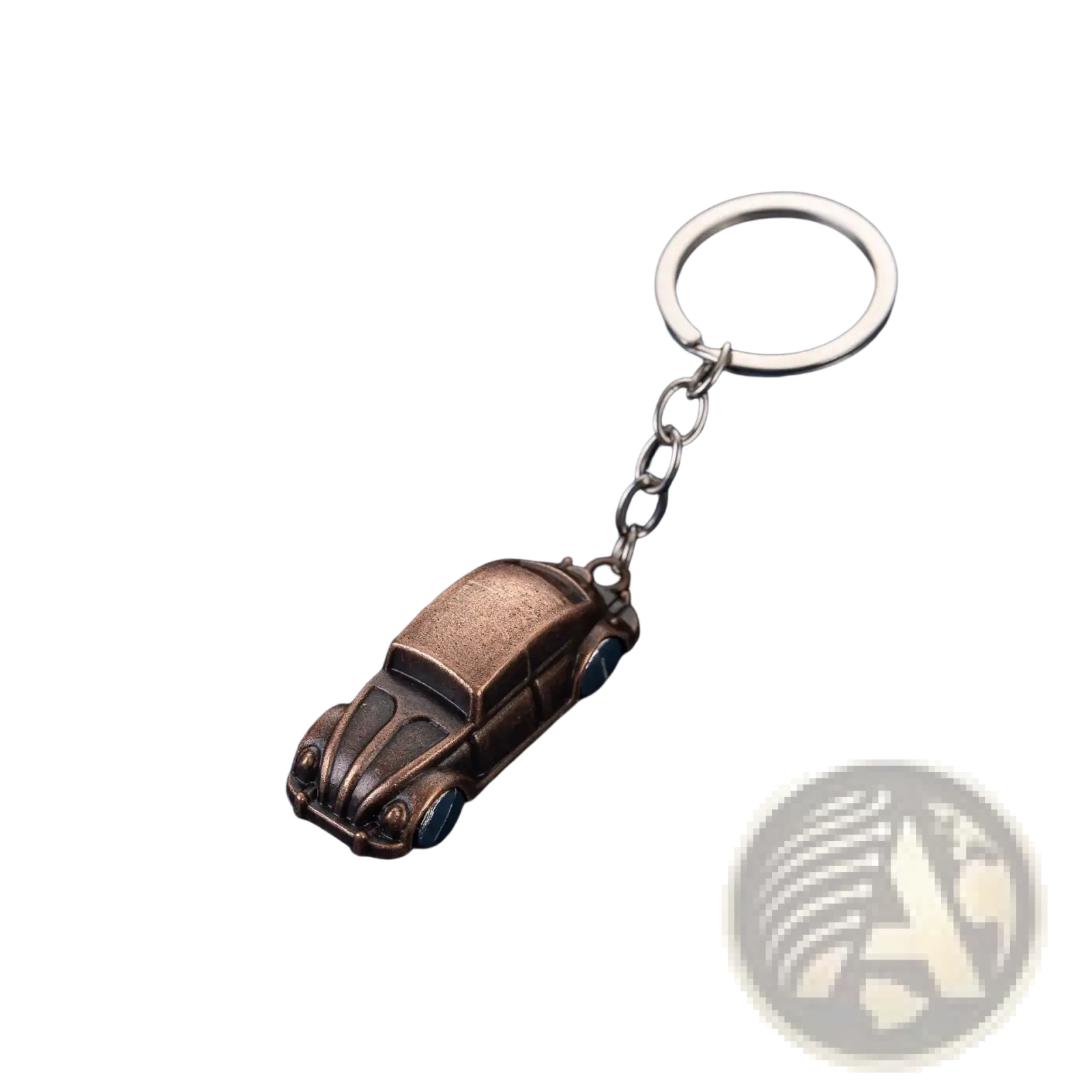 Bronze-colored metal volkswagen beetle keychain with silver ring and chain for car keys and accessories