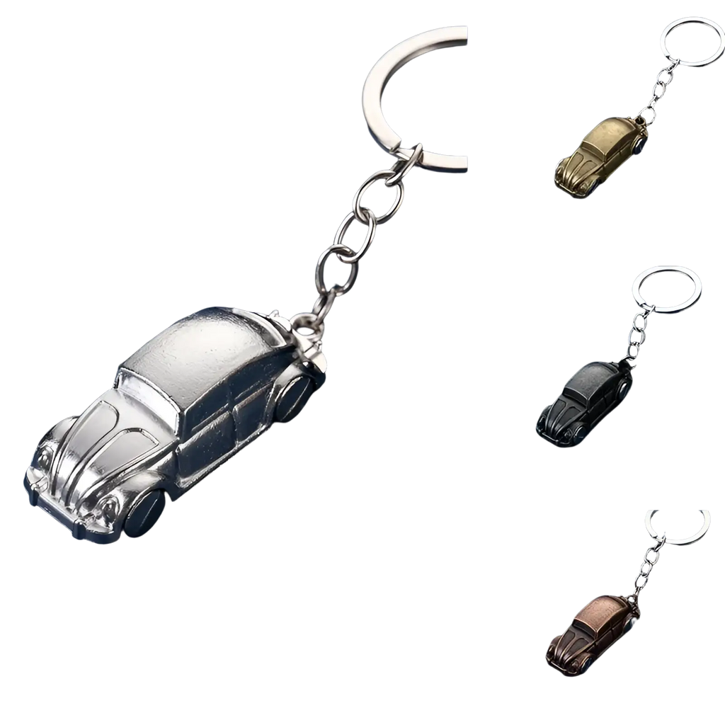 Silver metallic Volkswagen Beetle metal car keychain featuring a detailed miniature design for keys or decoration