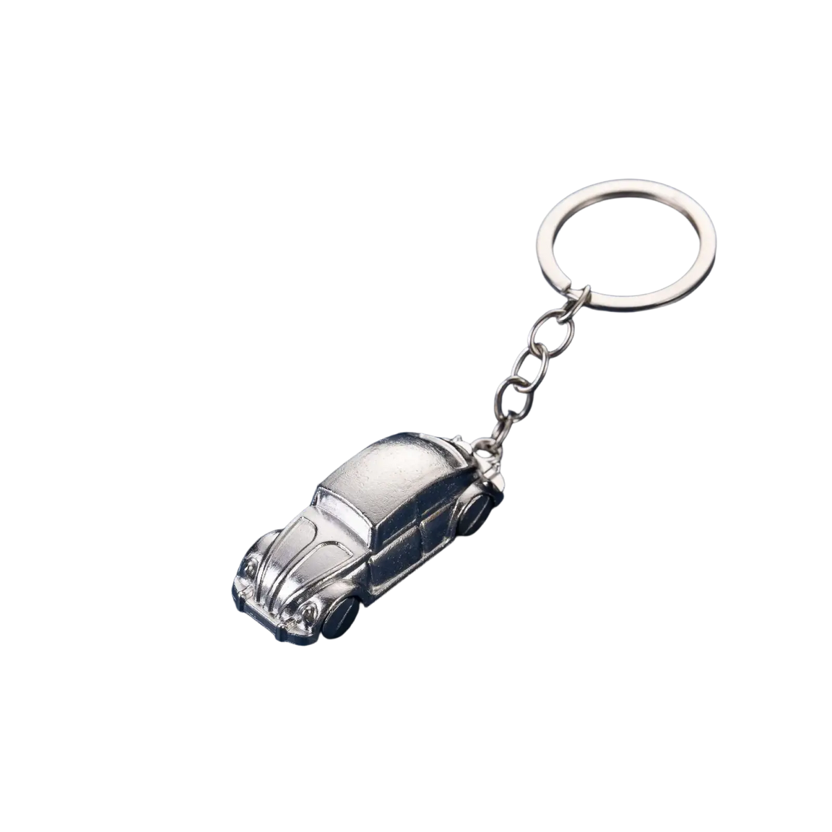 Silver metallic Volkswagen Beetle metal car keychain featuring a detailed miniature design for key organization
