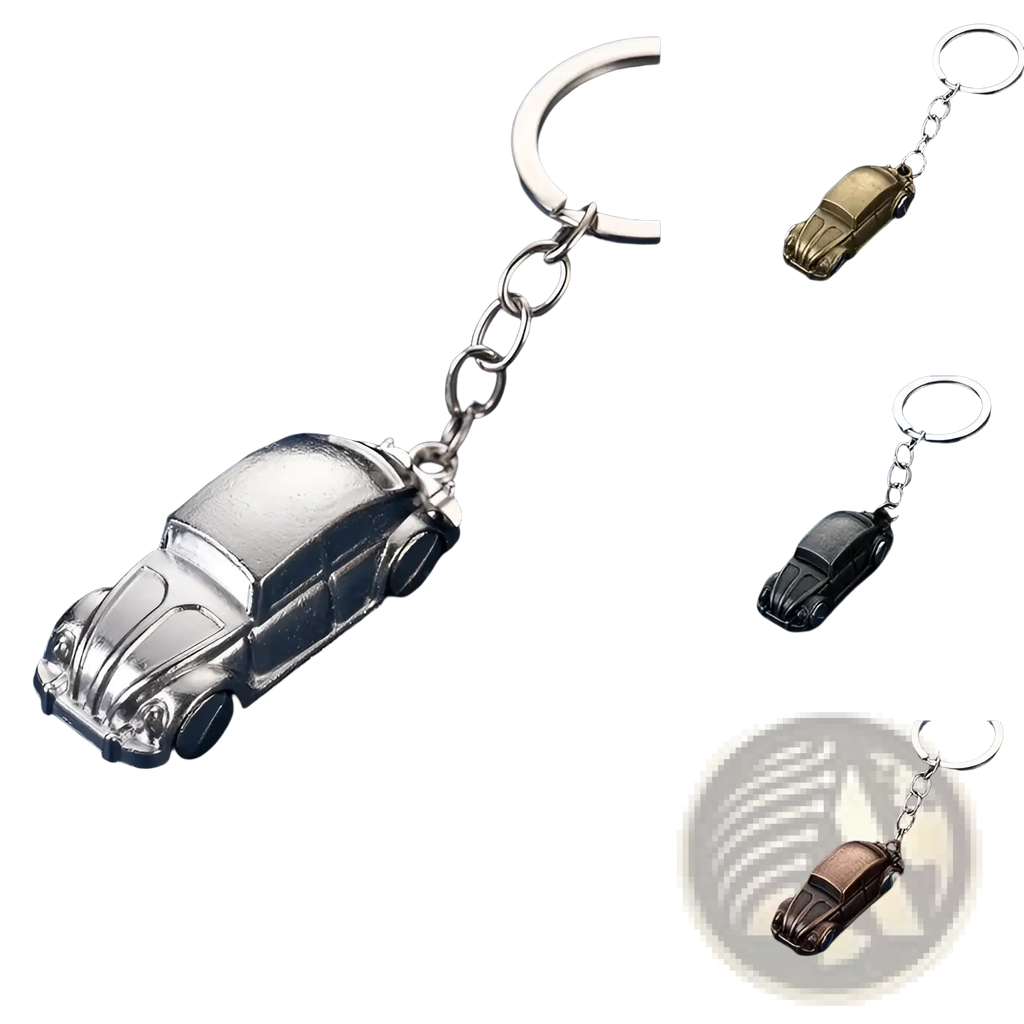 Silver metallic Volkswagen Beetle metal car keychain featuring a detailed miniature design for keys or decoration