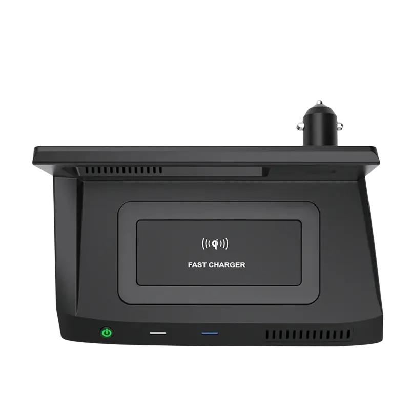Black wireless car charger for Volkswagen Tiguan with built-in USB-C port and integrated car adapter shown from back side