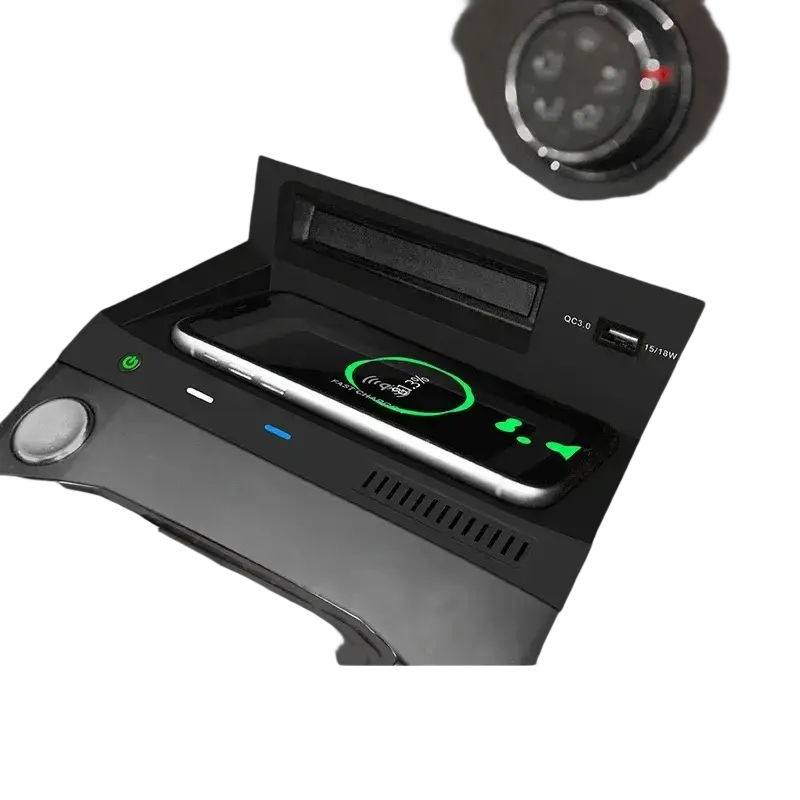 Black volkswagen tiguan car infotainment system with wireless car charger pad and usb ports for convenient charging