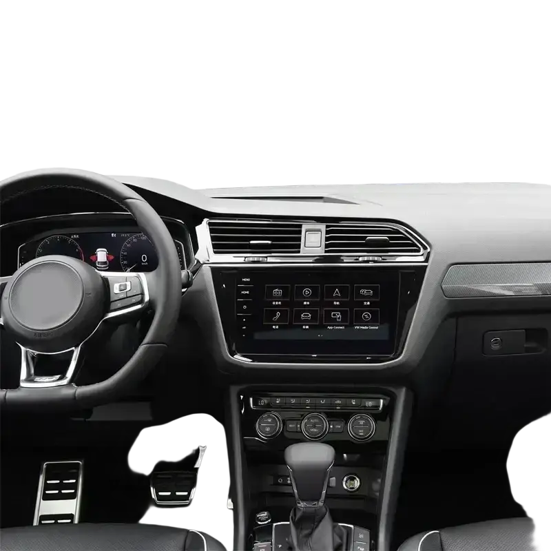 Black leather steering wheel with silver trim and multifunction buttons in volkswagen tiguan wireless car charger setup
