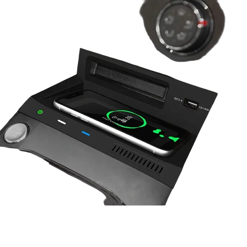 A sleek black wireless car charger with built-in usb port and qi certification for volkswagen tiguan iphone fast charging