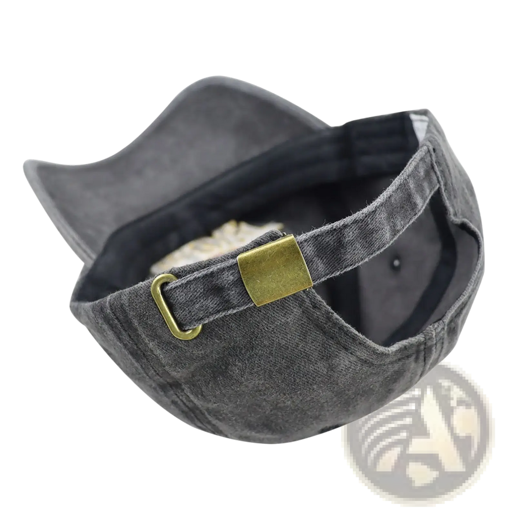 Volleyball mom embroidered vintage baseball cap in dark gray distressed denim with brass buckle and adjustable strap back view