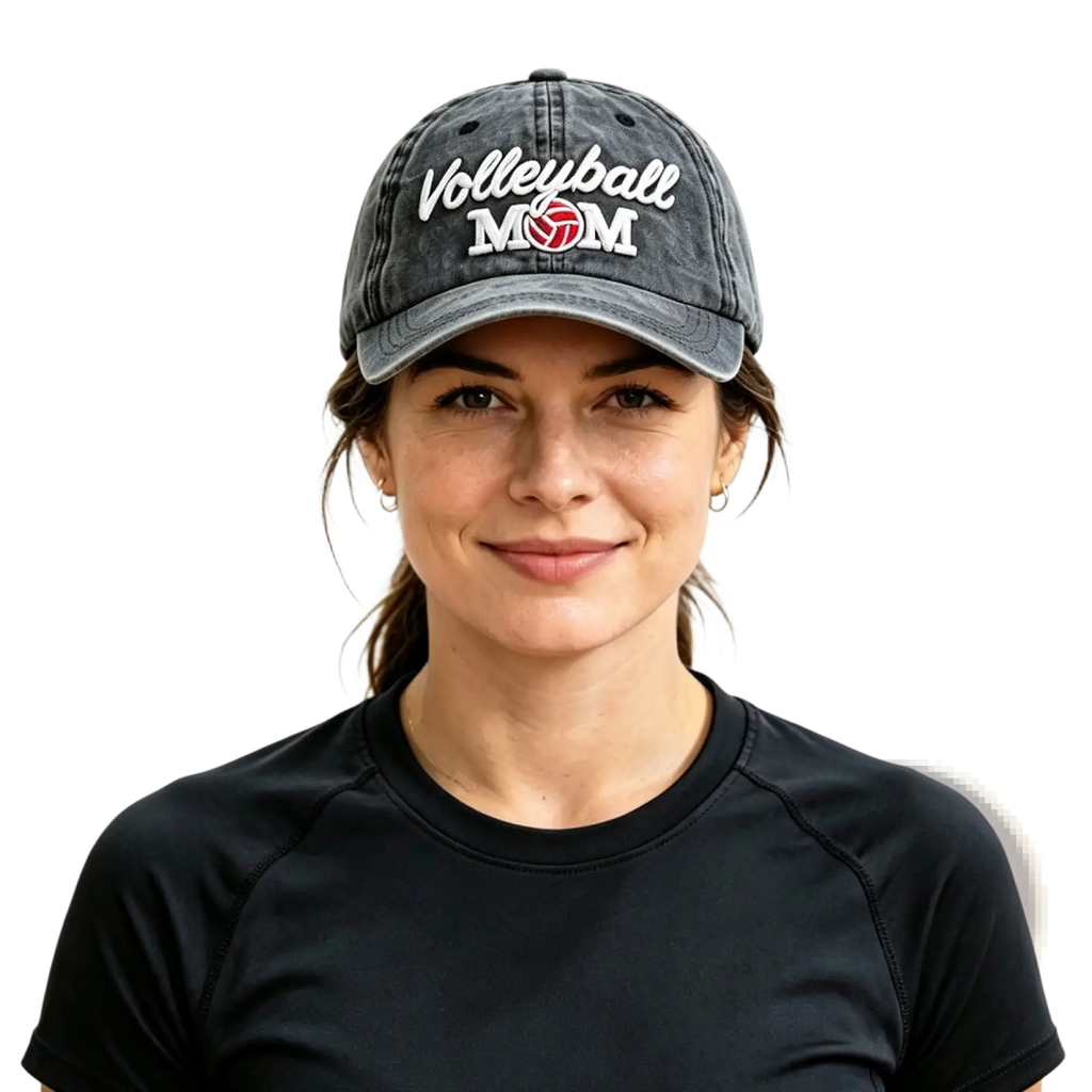 A dark gray distressed vintage baseball cap embroidered with volleyball mom and a red volleyball graphic