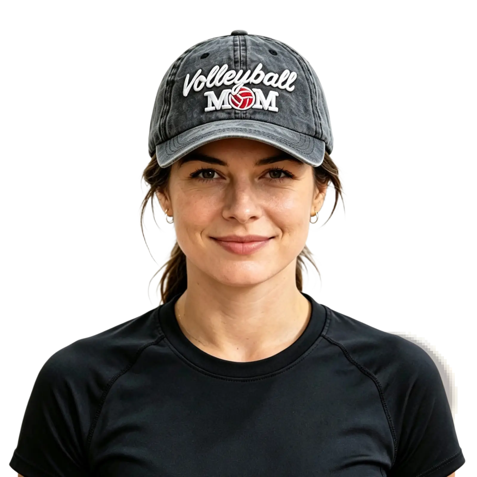 A dark gray distressed vintage baseball cap embroidered with volleyball mom and a red volleyball graphic
