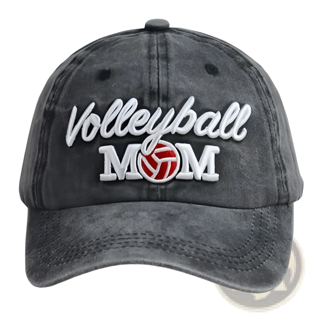 Dark gray distressed denim baseball cap with embroidered white cursive volleyball and red and white volleyball mom graphic
