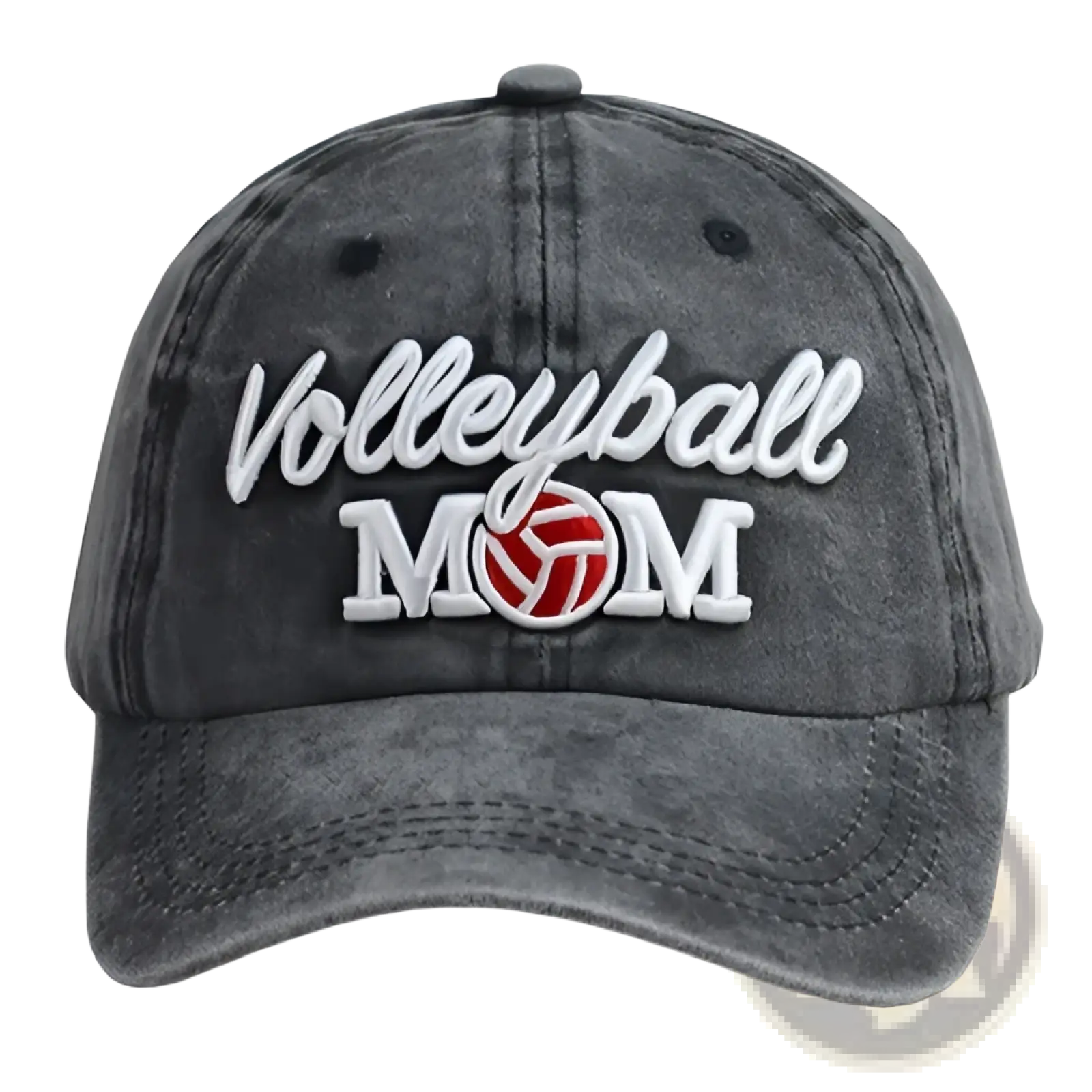 Dark gray distressed denim baseball cap with embroidered white cursive volleyball and red and white volleyball mom graphic