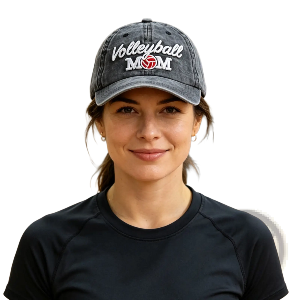 Dark gray distressed vintage baseball cap with volleyball mom embroidered in white and red lettering