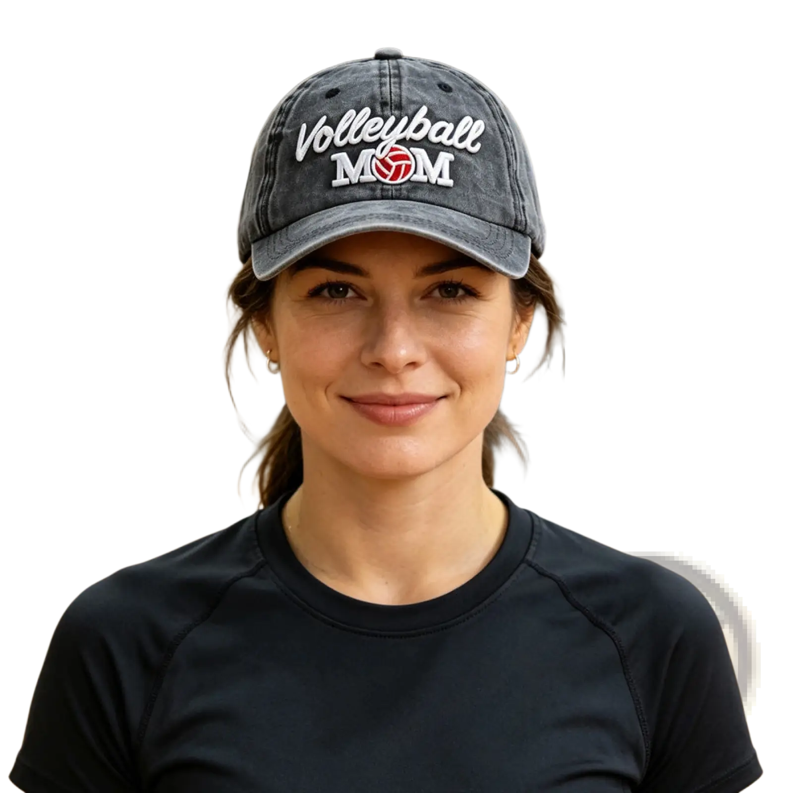 Dark gray distressed vintage baseball cap with volleyball mom embroidered in white and red lettering