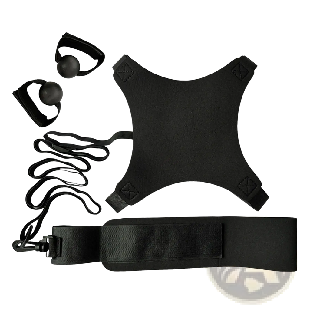 Black fabric resistance training harness with elastic bands and weighted balls for volleyball solo training aid and agility belt