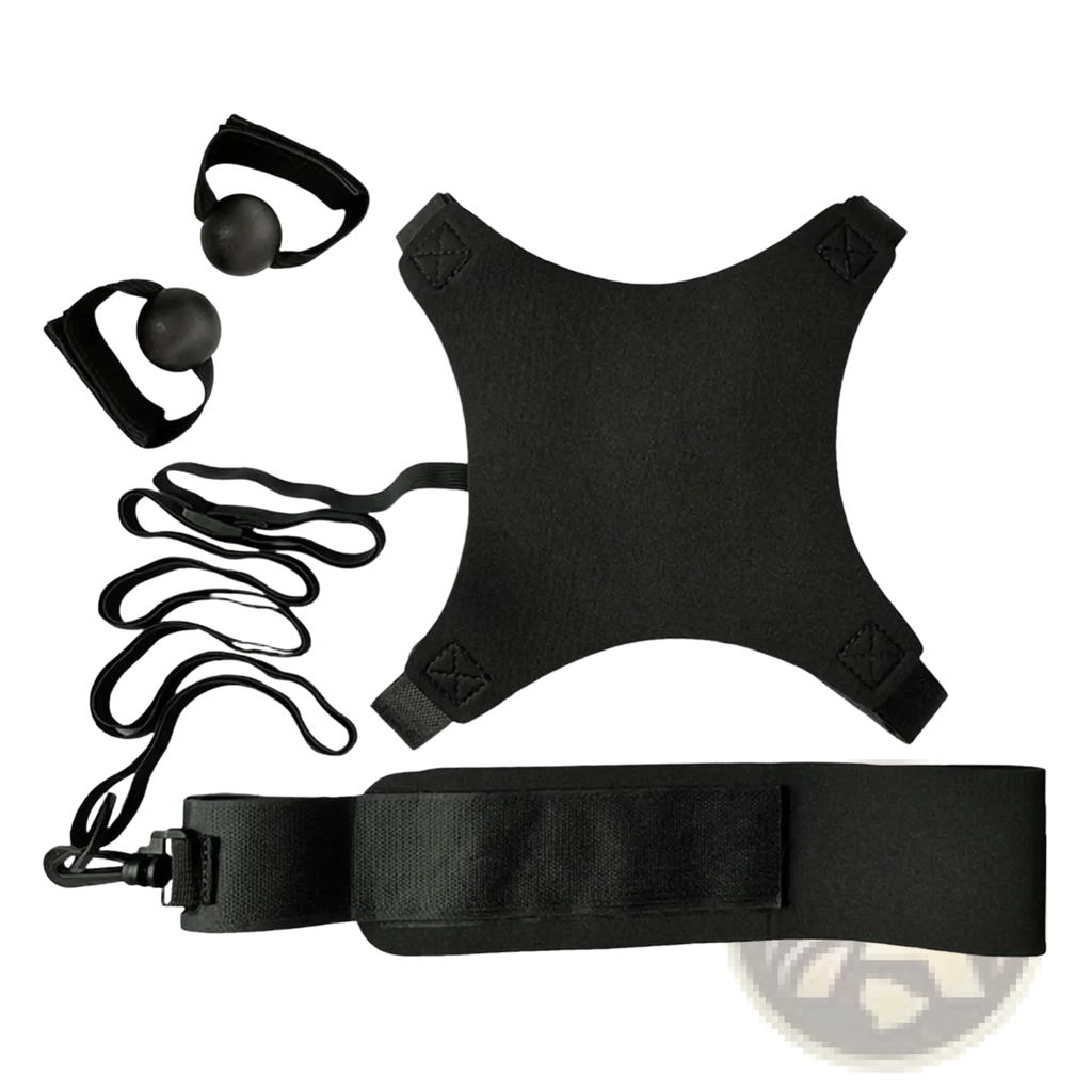 Black fabric volleyball solo training aid harness with adjustable straps and two weighted balls for resistance training