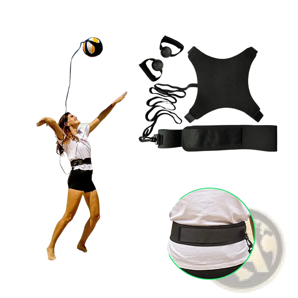 Black headband volleyball solo training aid with adjustable straps and ball attachment for agility training