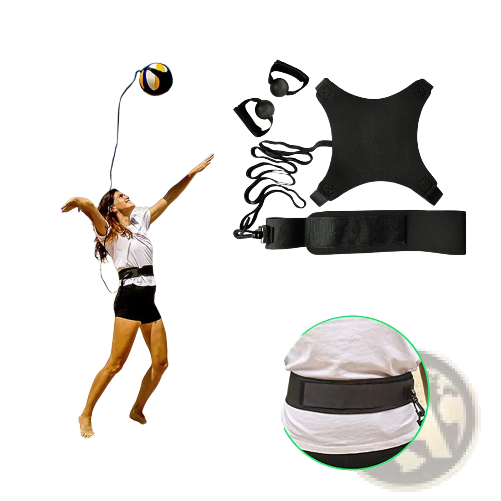 Black headband volleyball solo training aid with adjustable straps and ball attachment for agility training