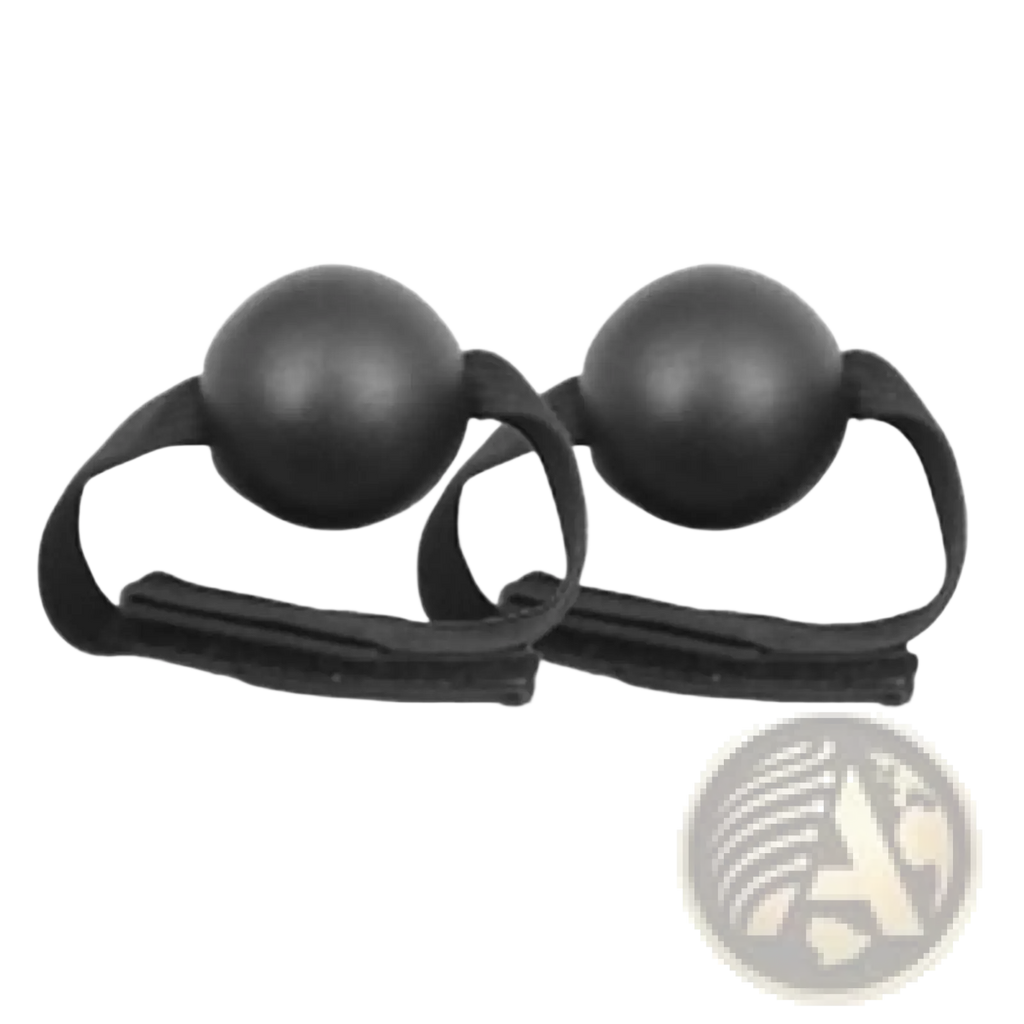 Black spherical ball gag with adjustable elastic straps designed for volleyball solo training aid and agility belt use