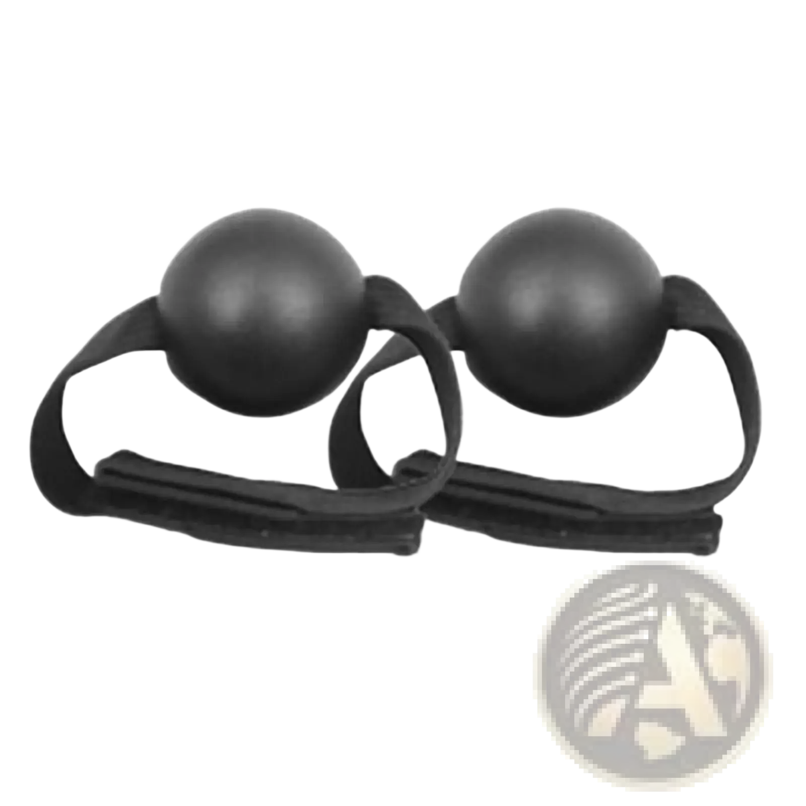 Black spherical ball gag with adjustable elastic straps designed for volleyball solo training aid and agility belt use