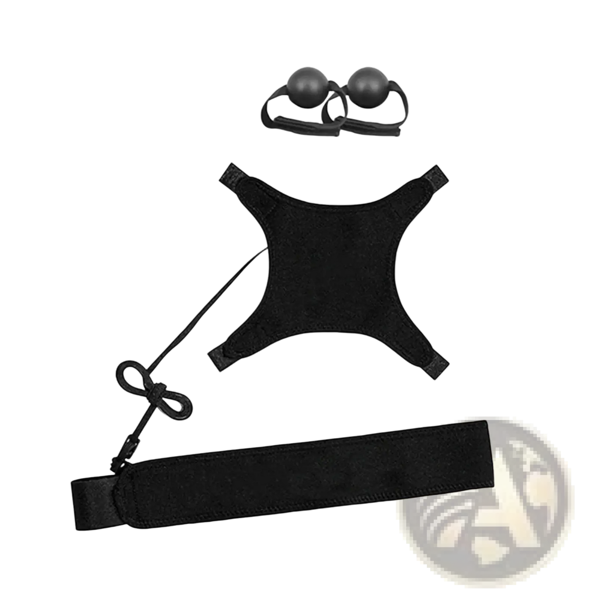 Black velvet volleyball solo training aid harness with attached cord and two spherical weights for agility belt use