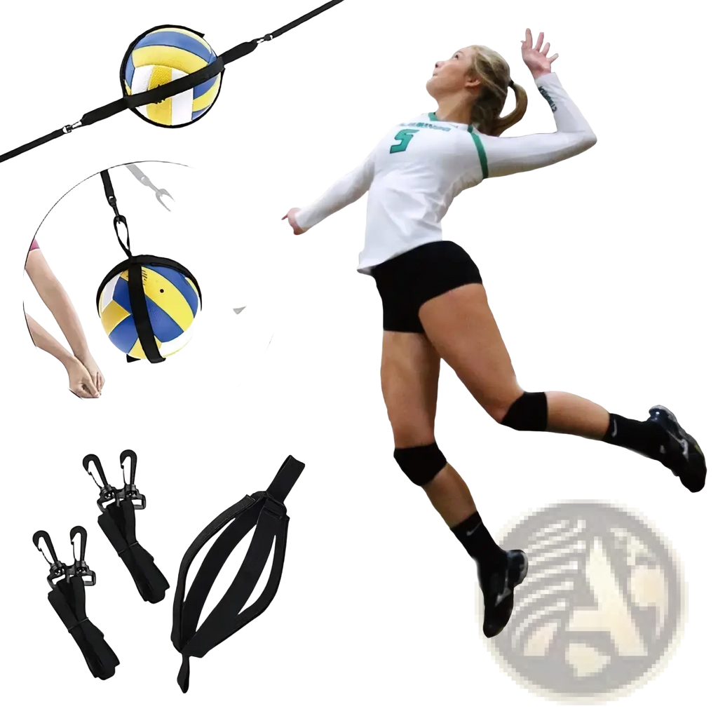 Black volleyball spike training aid belt with adjustable straps securing a yellow and blue ball in the center