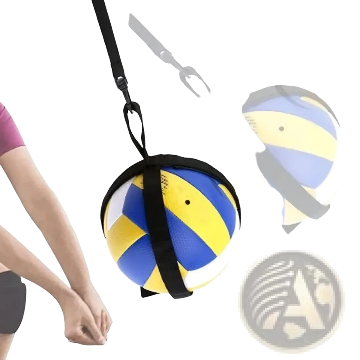Volleyball spike training aid Soloserve belt with blue and yellow volleyball secured in a black strap harness for training
