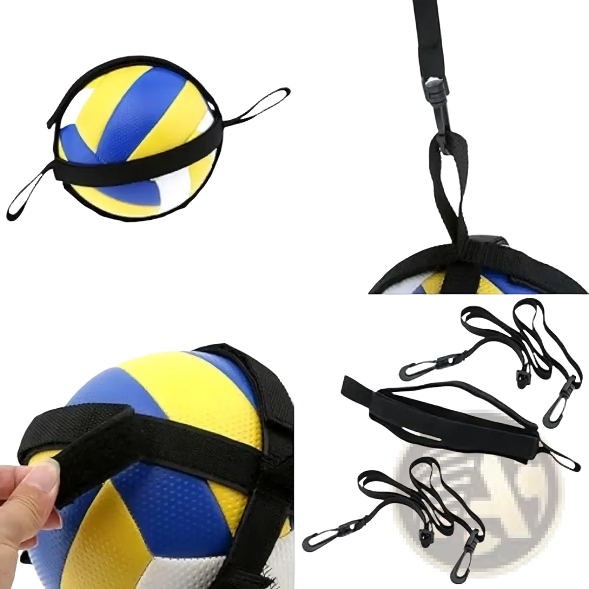 Volleyball spike training aid soloserve belt with blue yellow and white volleyball secured by black adjustable strap system