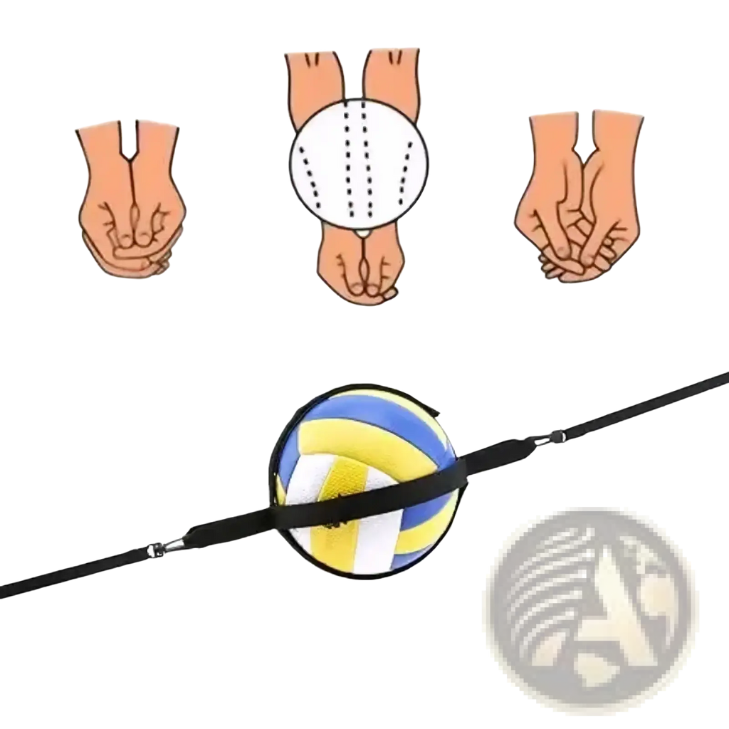 A vibrant yellow blue and white volleyball secured with a black strap as part of the volleyball spike training aid Soloserve Belt