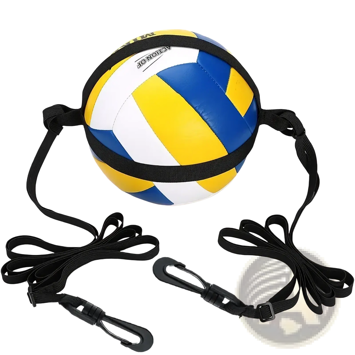 A vibrant yellow blue and white volleyball with a black carrying strap and adjustable carabiner hooks in a spike training aid belt