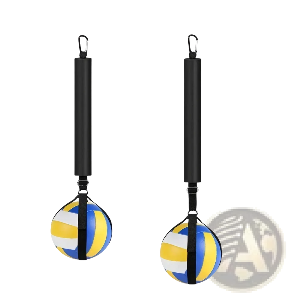 Black adjustable resistance training ball with yellow blue and white volleyball-style design for outdoor spike training