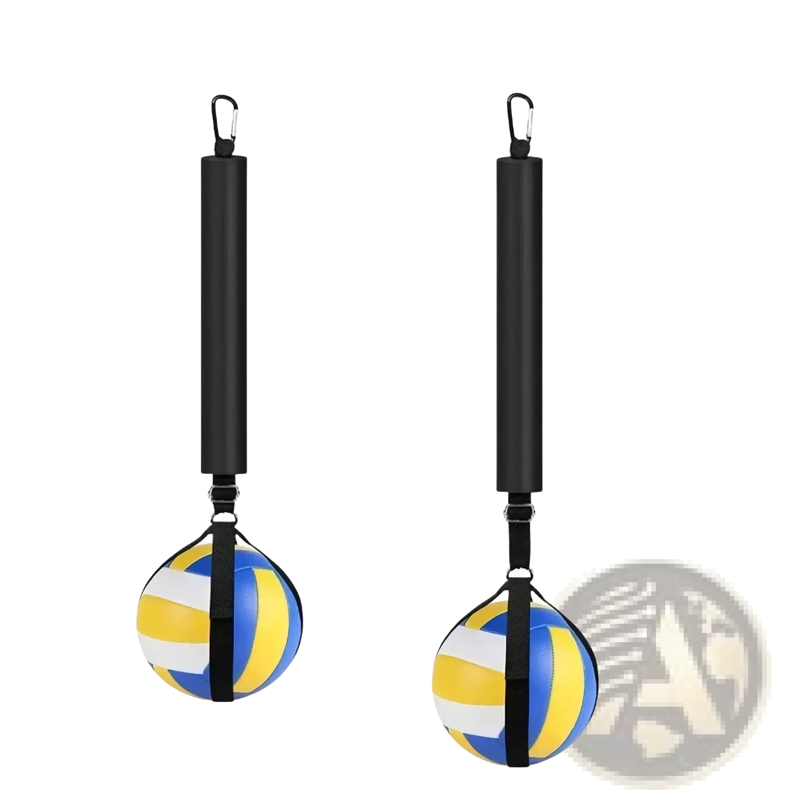 Black adjustable resistance training ball with yellow blue and white volleyball-style design for outdoor spike training