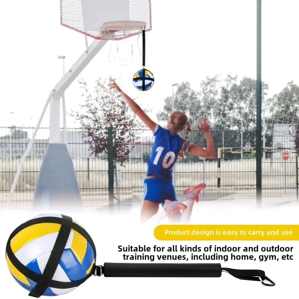 Blue yellow and white volleyball with black straps and handle for the adjustable outdoor volleyball spike training system