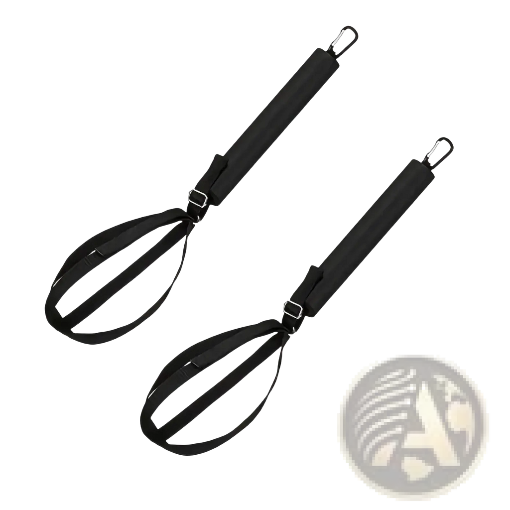 Black fabric resistance bands with padded handles and metal carabiner clips for volleyball spike training system aid