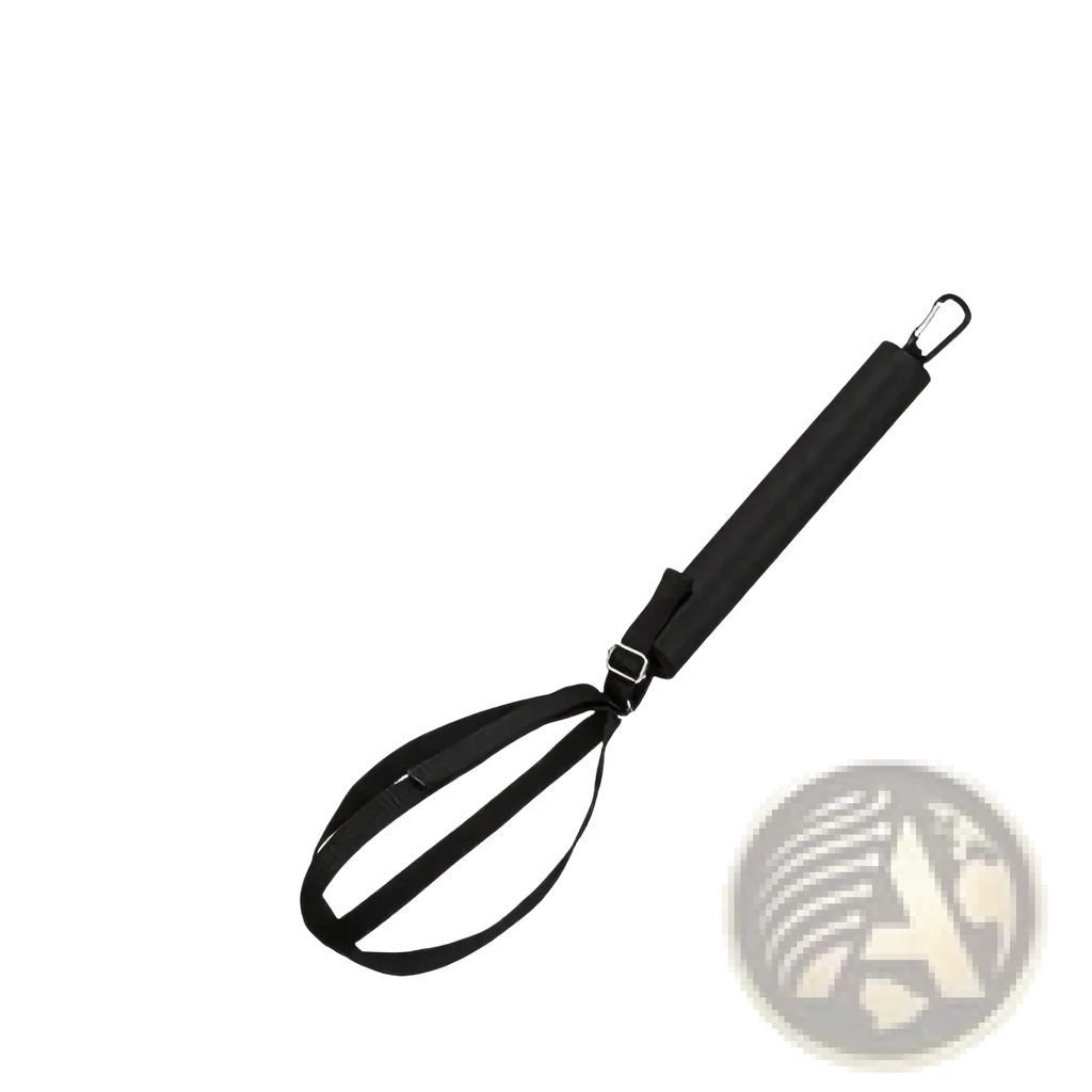 Black padded handle with metal carabiner clip and adjustable strap for volleyball spike training system outdoor aid