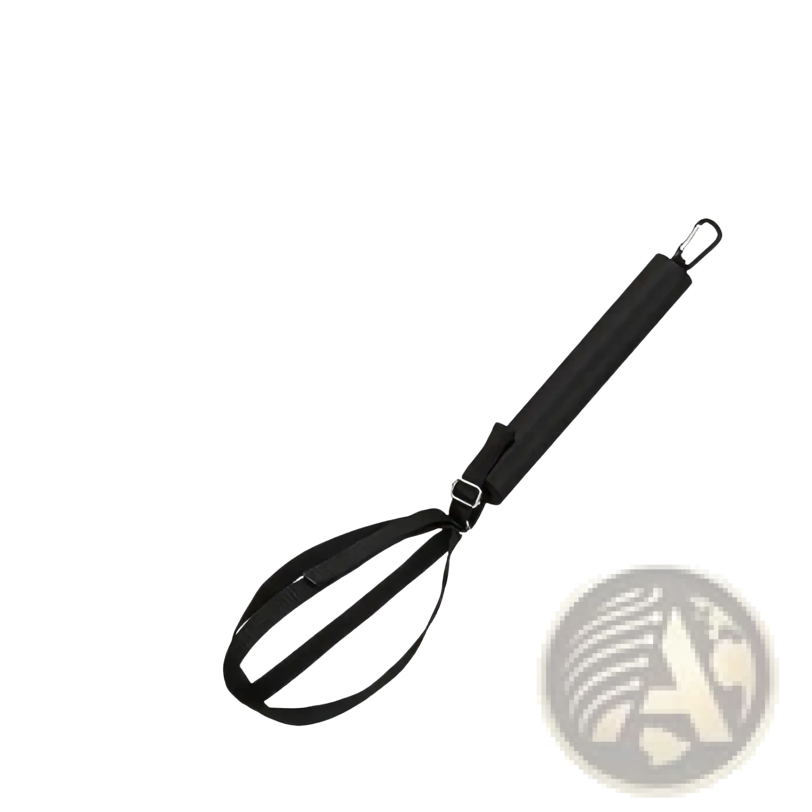Black padded handle with metal carabiner clip and adjustable strap for volleyball spike training system outdoor aid