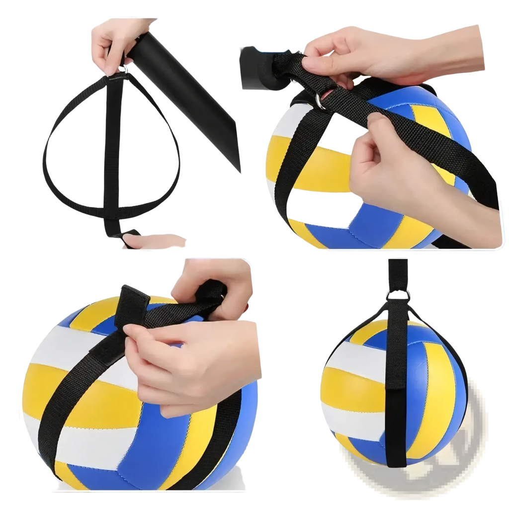 A black adjustable strap made of durable material to secure a volleyball for outdoor spike training and hanging use