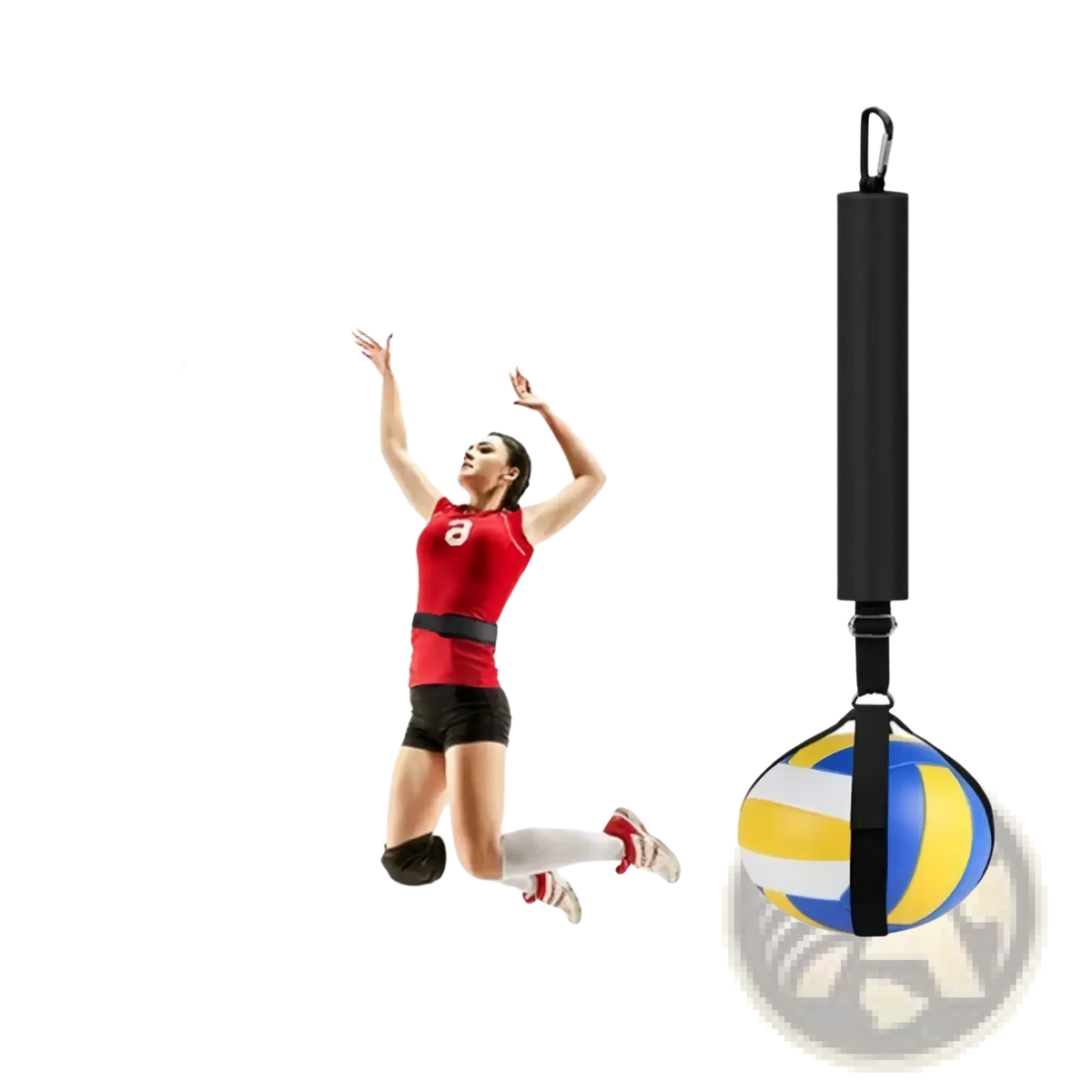 Black and yellow volleyball spike training system bag with adjustable strap and carabiner clip for outdoor use