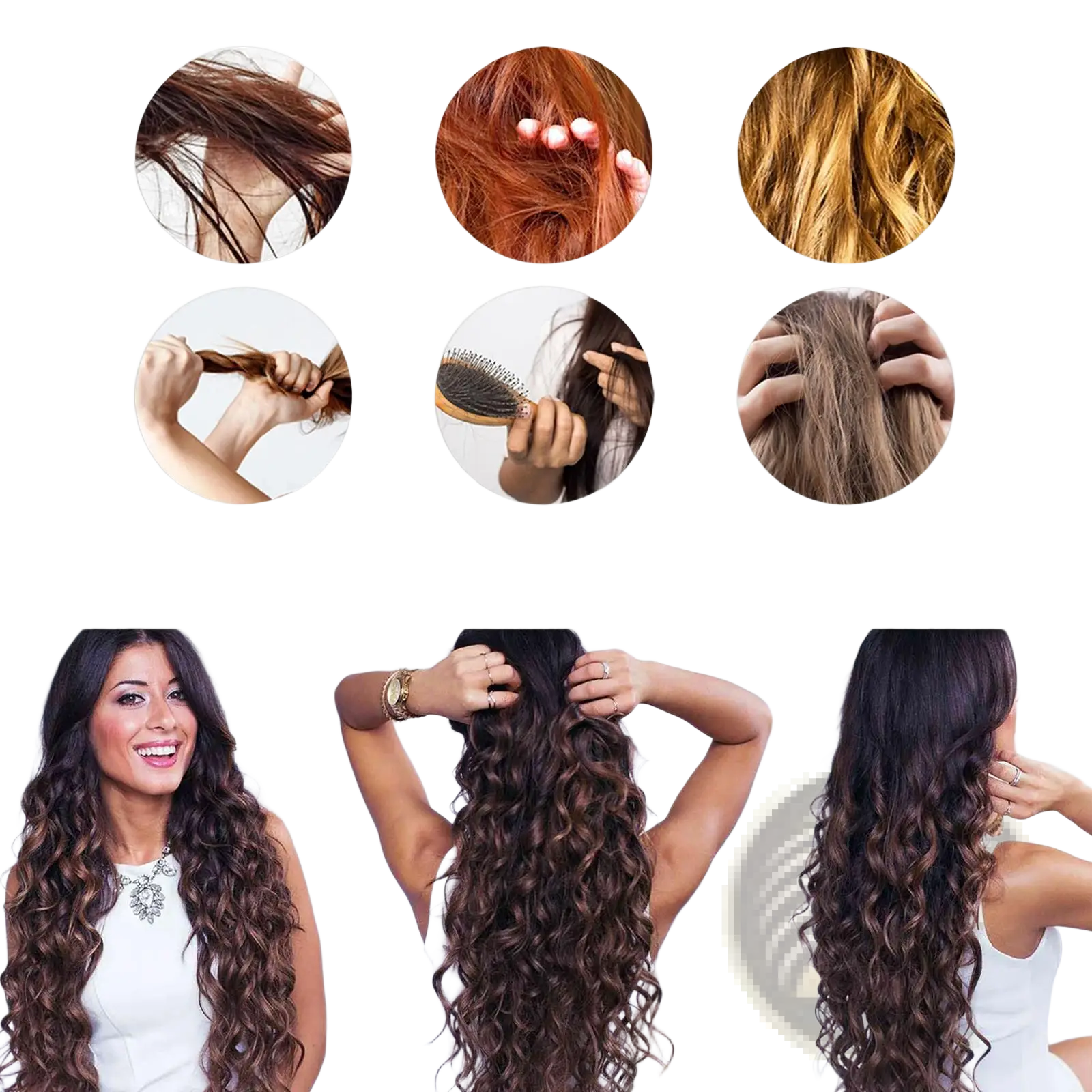 A woman with long dark brown wavy hair wearing a white top and silver necklace showcasing volumizing hair setting spray with niacinamide 100ml