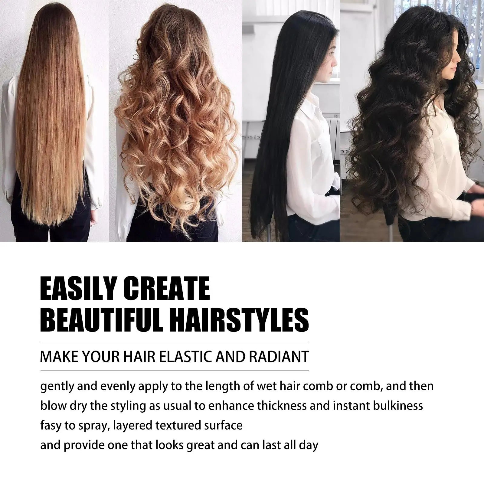 The image shows four hairstyles with long voluminous hair in different colors promoting volumizing hair setting spray with niacinamide